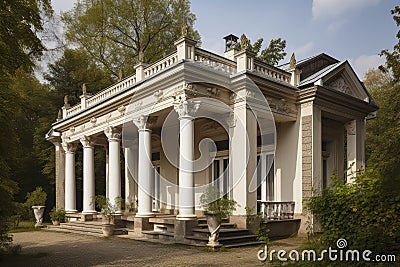 classical-style house with verandas, columns and classical urns Stock Photo