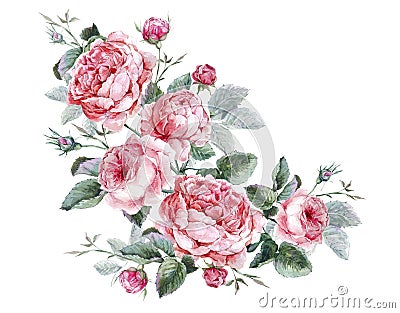 Classical vintage floral greeting card, watercolor Cartoon Illustration