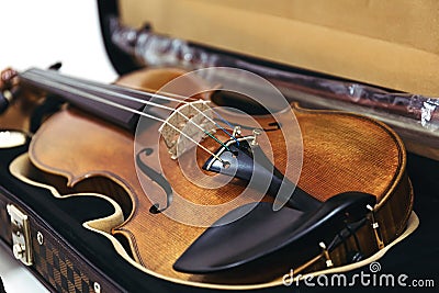 Classical violin in a dark open case Stock Photo
