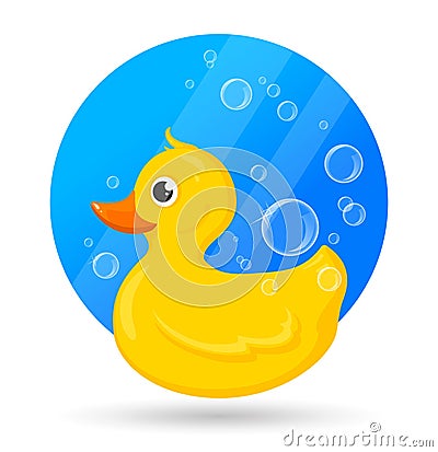 Classical yellow rubber duck with soap bubbles. Vector Illustration of bath toy for baby games Vector Illustration