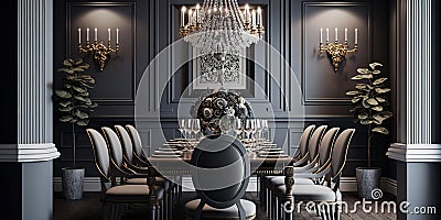 Classically-styled formal dining room with a large chandelier. Generative AI Stock Photo