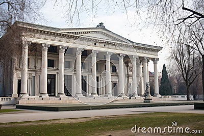 classicist building with columns and sculptures, viewed from a distance Stock Photo