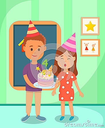 Classmate Boy Holding Cake for Birthday Girl. Vector Illustration