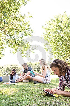 Classmates revising together on campus Stock Photo