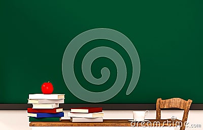 Classroom, books, apple, coffee cup, table, chair and green blackboard, with copy space, 3d rendered Stock Photo