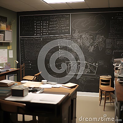 A classroom with a chalkboard filled with notes and diagr created with generative AI Stock Photo