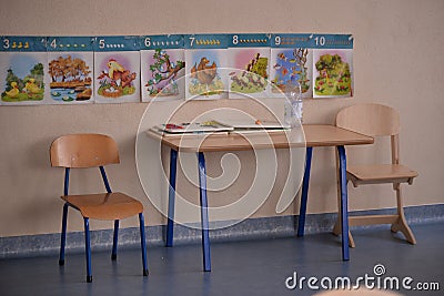 Classroom decorations for small kindergarten children. School in the Romanian education system Editorial Stock Photo