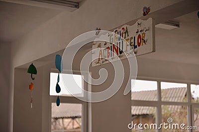 Classroom decorations for small kindergarten children. School in the Romanian education system Editorial Stock Photo