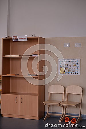 Classroom decorations for small kindergarten children. School in the Romanian education system Editorial Stock Photo