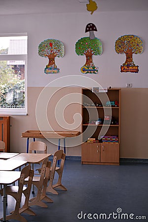 Classroom decorations for small kindergarten children. School in the Romanian education system Editorial Stock Photo