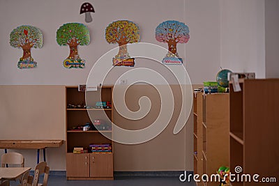 Classroom decorations for small kindergarten children. School in the Romanian education system Editorial Stock Photo