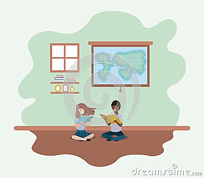 Classroom with ethnicity students sitting reading book Vector Illustration