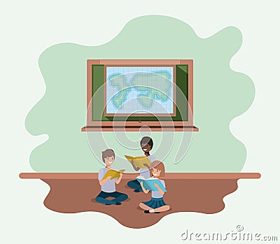 Classroom with ethnicity students sitting reading book Vector Illustration