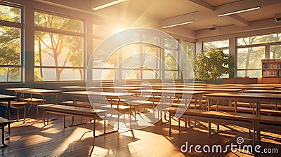 a classroom at golden hour, with the sunlight streaming through windows Stock Photo