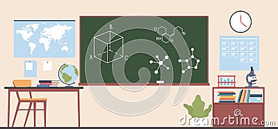 Classroom interior with blackboard and teachers desk. Chemistry or geography empty room. Books on shelves and timetable Vector Illustration
