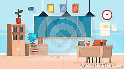 Classroom interior. Chalkboard and a teacher desk Vector Illustration