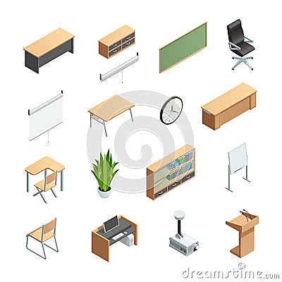 Classroom Interior Elements Icons Set Vector Illustration