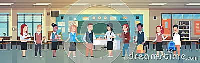 Classroom Interior With Group Of Mix Race Students, Diverse Pupils In Modern Class Room In School Vector Illustration