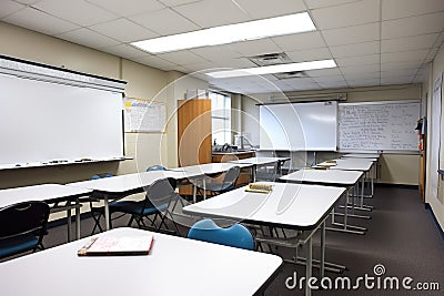 classroom with large whiteboard and markers, ready for lecture or demonstration Stock Photo