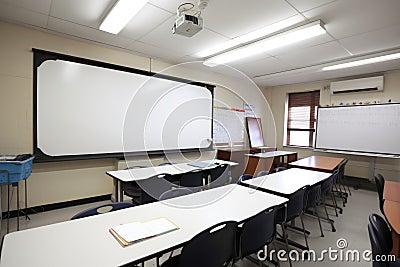 classroom with large whiteboard and markers, ready for lecture or demonstration Stock Photo