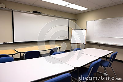 classroom with large whiteboard and markers, ready for lecture or demonstration Stock Photo