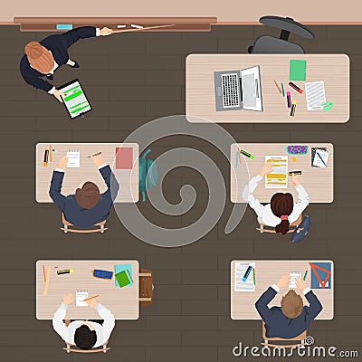 Classroom modern lesson in school, university or college. Flat color design. Top view. Vector Illustration