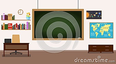 Classroom. Nobody school classroom interior with teachers desk and blackboard. Front Class Background Stock Photo