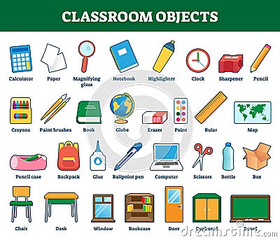 Classroom objects vector illustration. Labeled collection for kids learning Vector Illustration