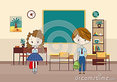 Classroom with pupils. Primary school kids. Modern interior for education. Boy and girl characters ready to study. Place Vector Illustration