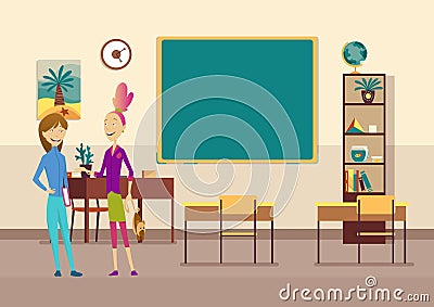 Classroom with pupils. Primary school kids. Modern interior for education. Girls characters ready to study. Place to Vector Illustration
