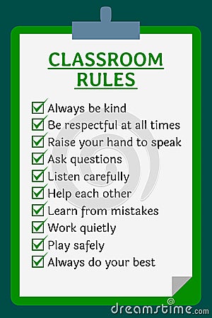 Classroom rules poster. Clipboard over green Vector Illustration