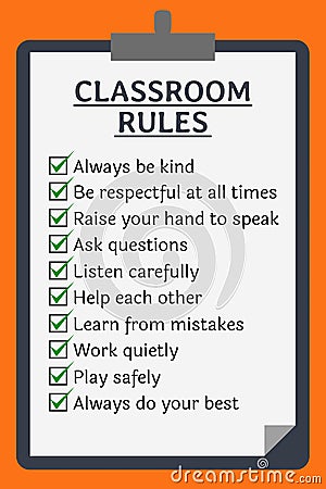 Classroom rules poster. Clipboard over orange Vector Illustration