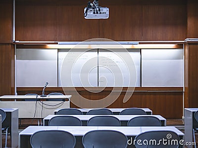 Classroom school desk and seats white board seminar Education Stock Photo