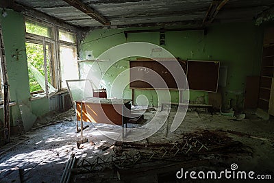 Classroom in the School of District 3 - Pripyat, Chernobyl Exclusion Zone, Ukraine Editorial Stock Photo