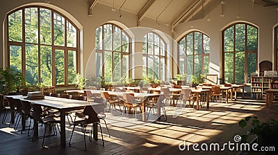 classroom with sunlight streaming through large windows, highlighting empty desks and chairs Stock Photo