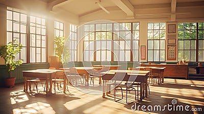classroom with sunlight streaming through large windows, highlighting empty desks and chairs Stock Photo