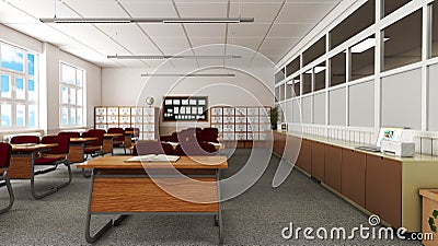 Classroom with table, chairs, panel and school cabinet. Stock Photo