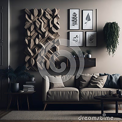 Classy Clean Living Room Interior, Large Wood Panel Art On Wall, Cozy Sofa, Green Plants, Decoration, Side table, Soft Light Stock Photo