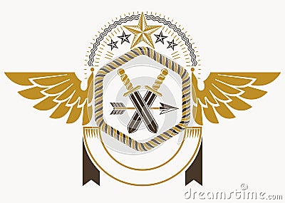 Classy emblem made with eagle wings decoration, armory and stars Vector Illustration