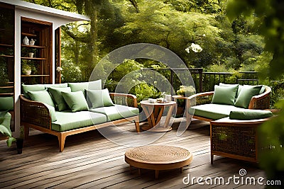 Classy furniture on wooden terrace in green beautiful garden Generated AI Stock Photo