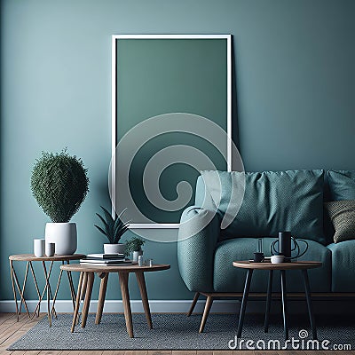 Classy Living Room Interior, sage Green Mock up Poster Frame Art On Wall, Cozy Sofa, Green Plants, Decoration, Side table, Soft Stock Photo