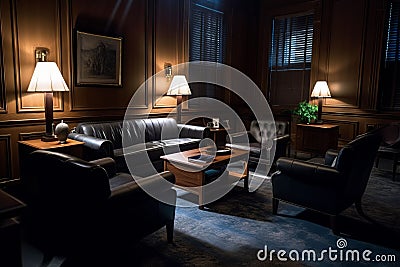 Classy living room with a leather sofa, armchairs and a coffee table. AI-generated. Stock Photo