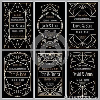 Classy wedding invitation cards with diamond golden geometric frames vector set Vector Illustration