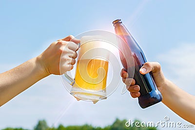 The clatter of bottles and glasses of beer . Stock Photo