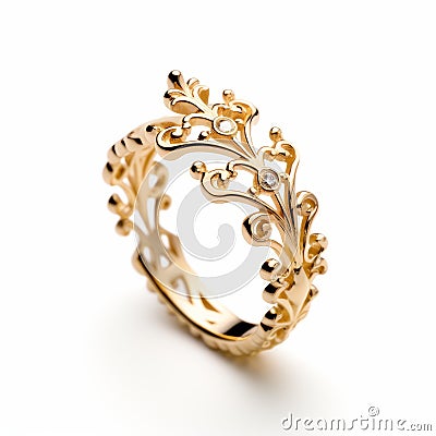 Claude De Moulinex Diamond Scroll Ring - Elegant Gold Leaf Pattern Design Stock Photo