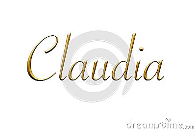 Claudia - Female name . Gold 3D icon on white background. Decorative font. Template, signature logo. Stock Photo