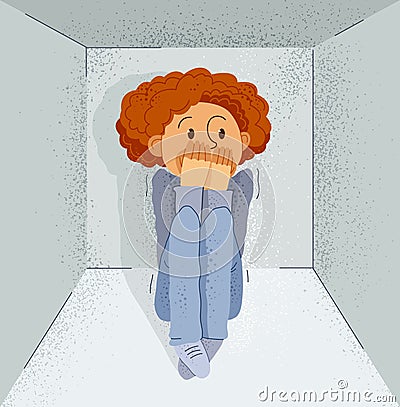 Claustrophobia fear of closed space and no escape vector illustration, boy is closed in small room space and scared in panic Vector Illustration