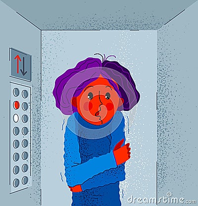 Claustrophobia fear of closed space and no escape vector illustration, girl is closed in elevator Vector Illustration