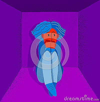 Claustrophobia fear of closed space and no escape vector illustration, girl is closed in small room space and scared in panic Vector Illustration