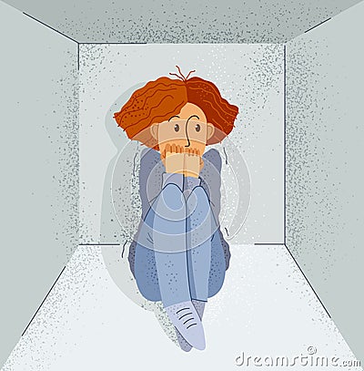 Claustrophobia fear of closed space and no escape vector illustration, girl is closed in small room space and scared in panic Vector Illustration